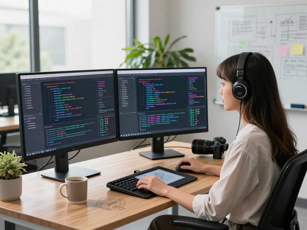 AI programming workspace with dual monitors and vibrant atmosphere, showcasing skills in ia +18.