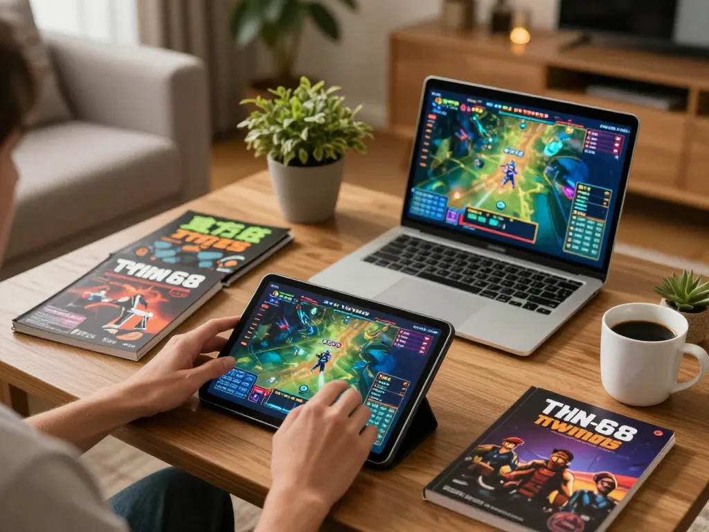Engaged gamer playing twin68 online, enjoying a cozy setting with strategy notes and digital gameplay.