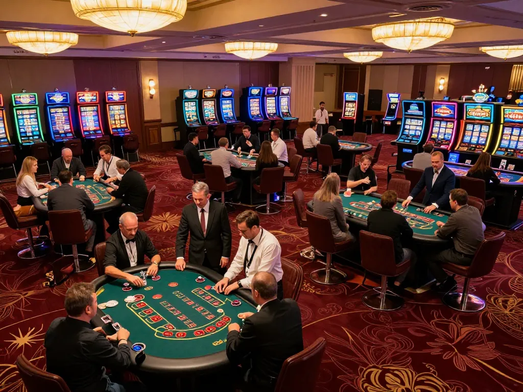 Engaging inside view of 79KING casino with players at blackjack tables and vibrant slot machines.