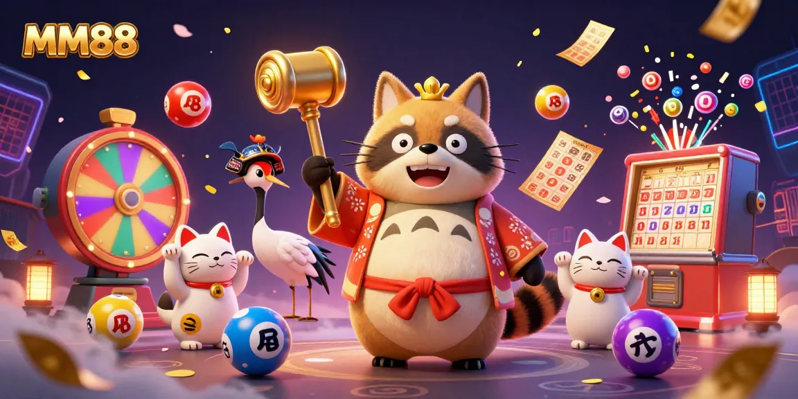 Experience the vibrant excitement of MM88 with this dynamic 3D illustration of a cheerful tanuki amidst lucky symbols.