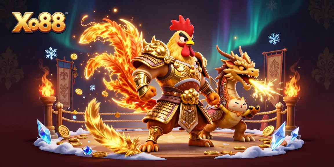Xo88 showcases an epic battle scene with a rooster warrior and dragon hatchling among golden particles and coins.