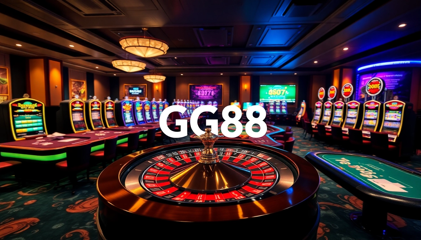 High-stakes gameplay at GG88 casino highlighting roulette, poker, and slot machines.