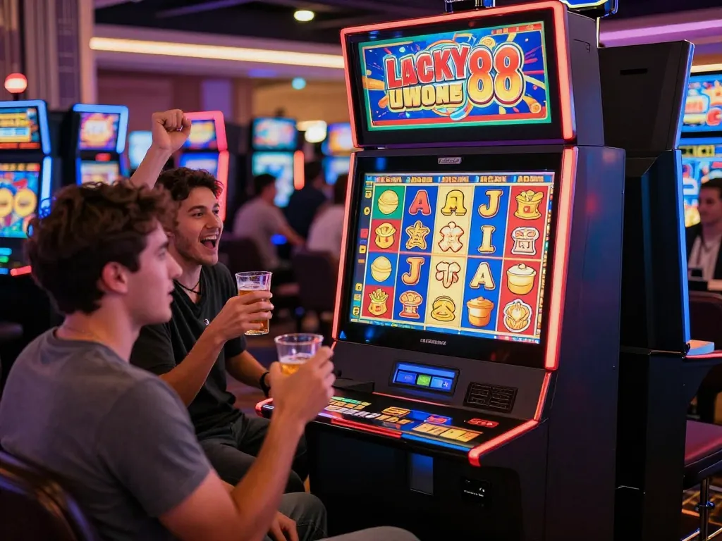 Exciting Lucky88 slot machine gaming scene with players cheering in a vibrant casino.