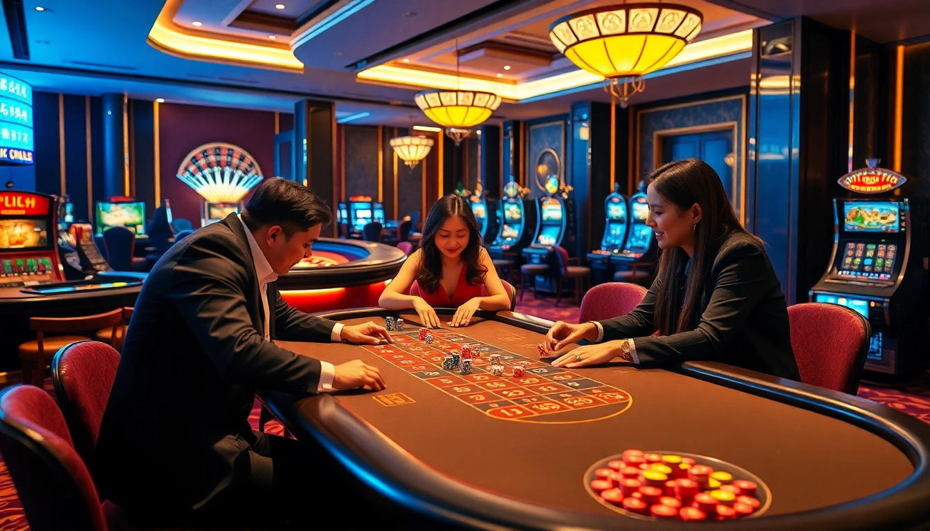 Players enjoying a game of tài xỉu md5 at an elegant casino table, showcasing excitement and anticipation.