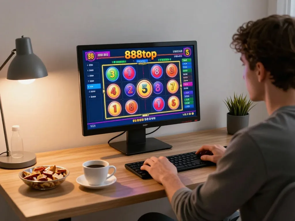 Player enjoying vibrant slot games on 888top platform from a cozy home setup.