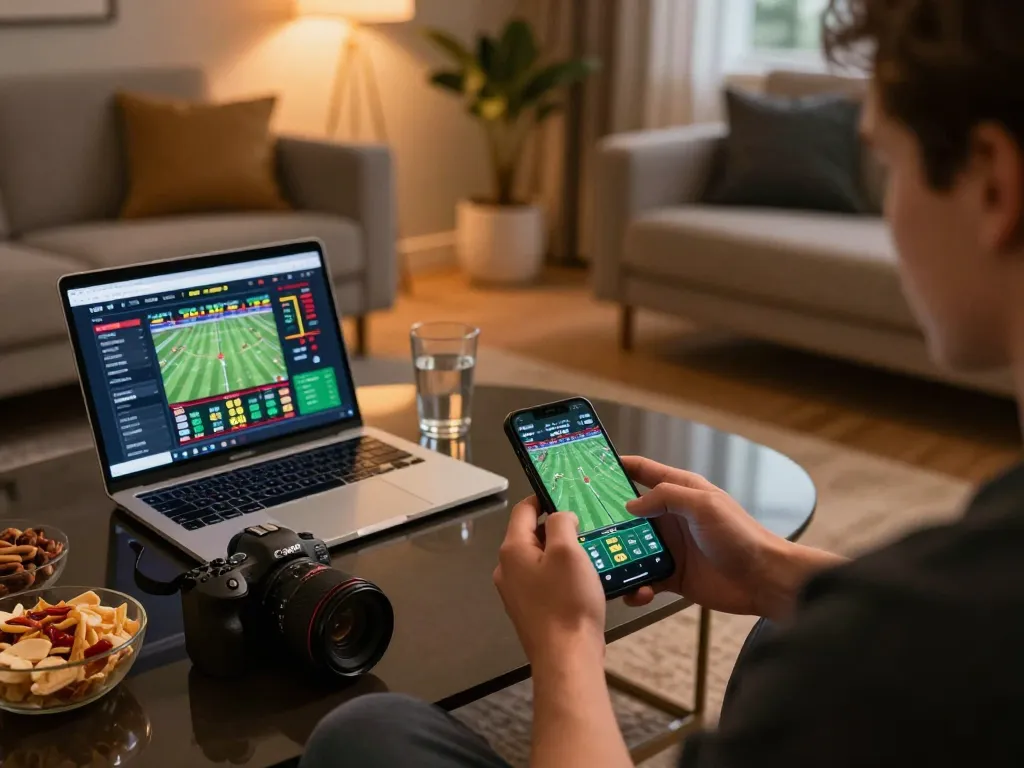 Engaging in sports betting on 555WIN with a smartphone in a cozy home environment.