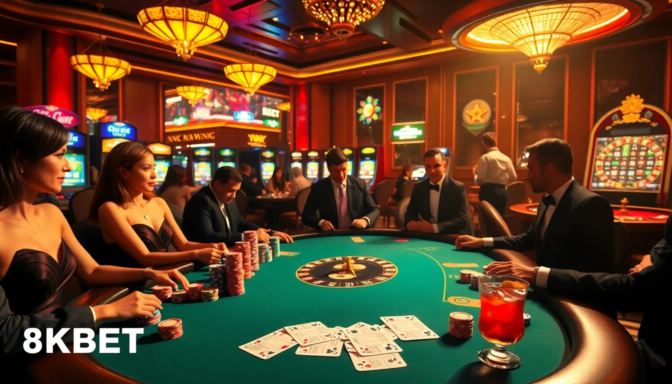 Experience the excitement of 8KBET with a vibrant casino scene featuring poker and roulette.