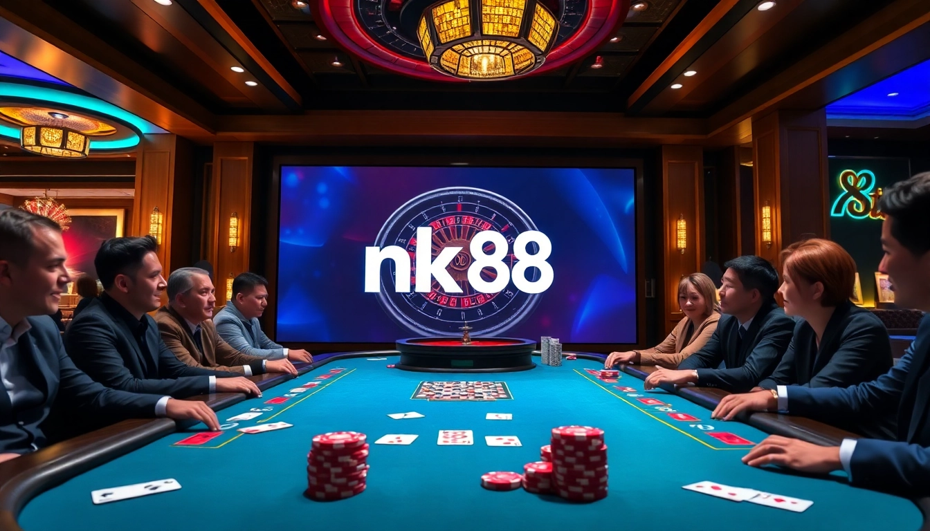 Experience high-stakes play with nk 88 at a luxurious online casino, featuring poker tables and vibrant ambiance.