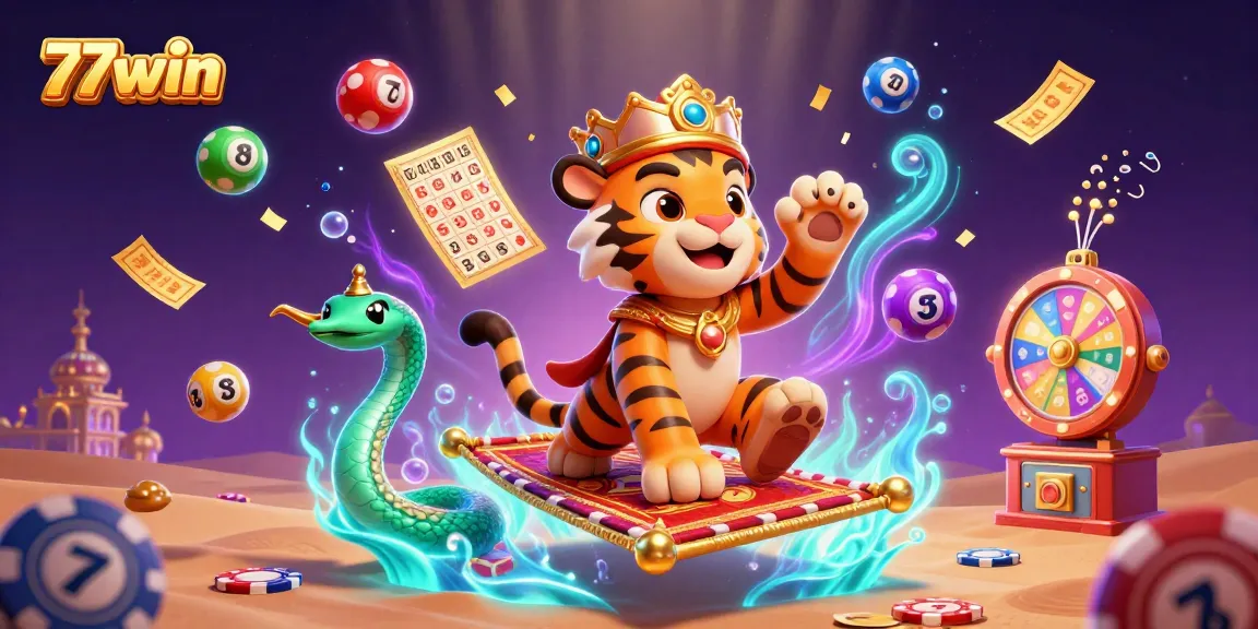 Experience the thrill of winning with 77win in this vibrant 3D casino illustration featuring games and excitement.