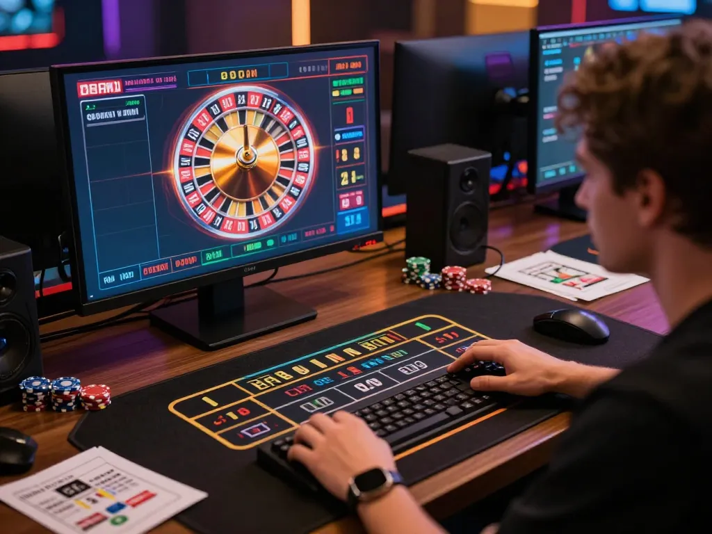 Engaging player on 258bet gaming setup demonstrating strategic online betting with live dealer roulette.