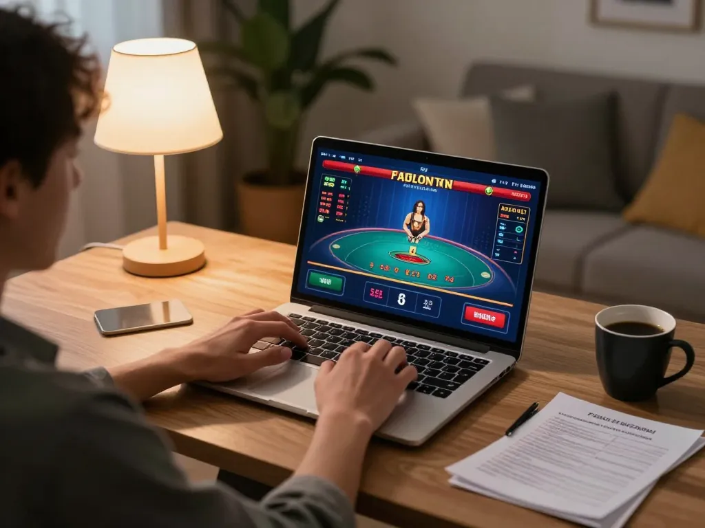 Player using DH88 to engage in online casino gaming at home with live dealer interface on screen.