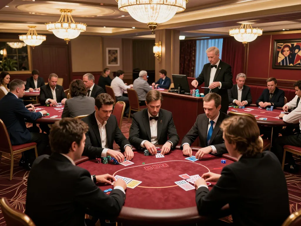 Players strategizing at high-stakes poker tables at cm888 casino with warm ambient lighting