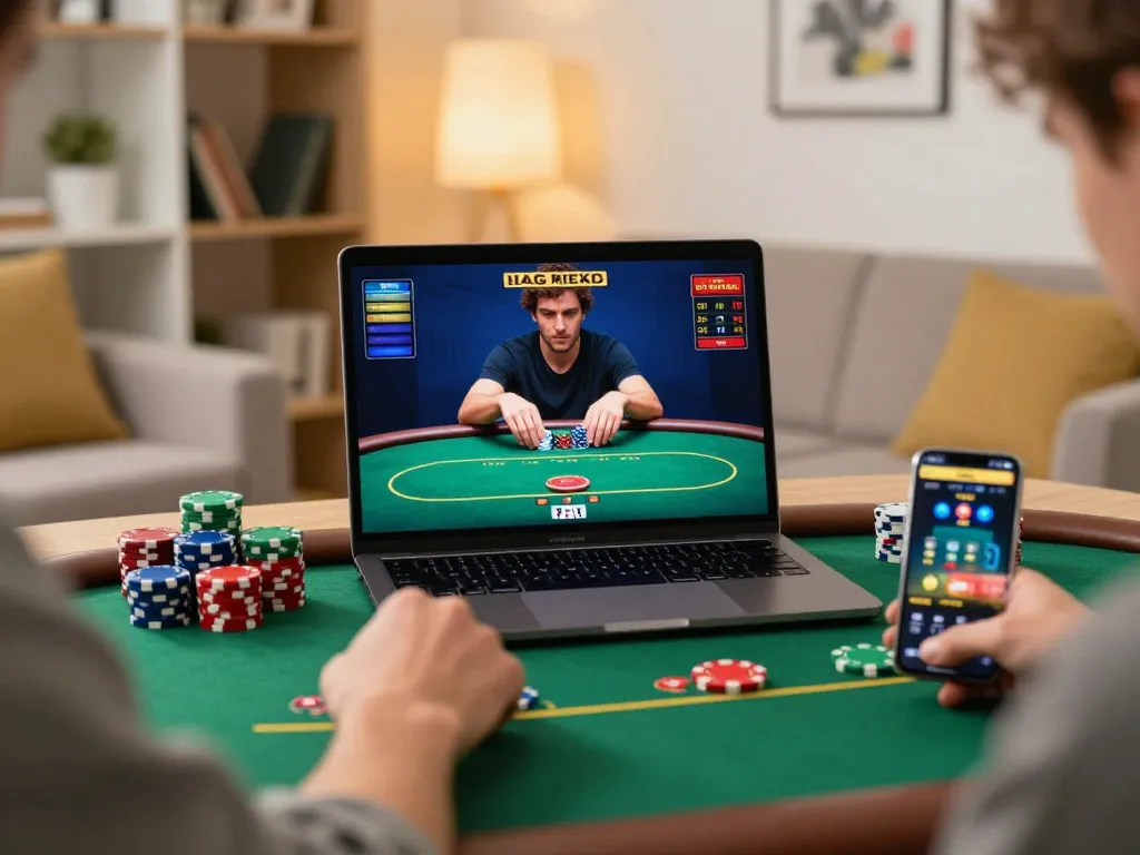 Engaging in poker online with Rik88 uy tín app on a laptop in a cozy gaming setup.