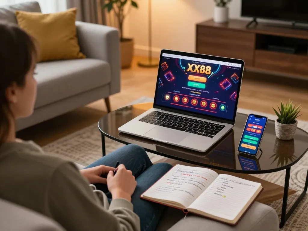 Person enjoying online gaming at XX88 with laptop showing casino app and strategic notes nearby.