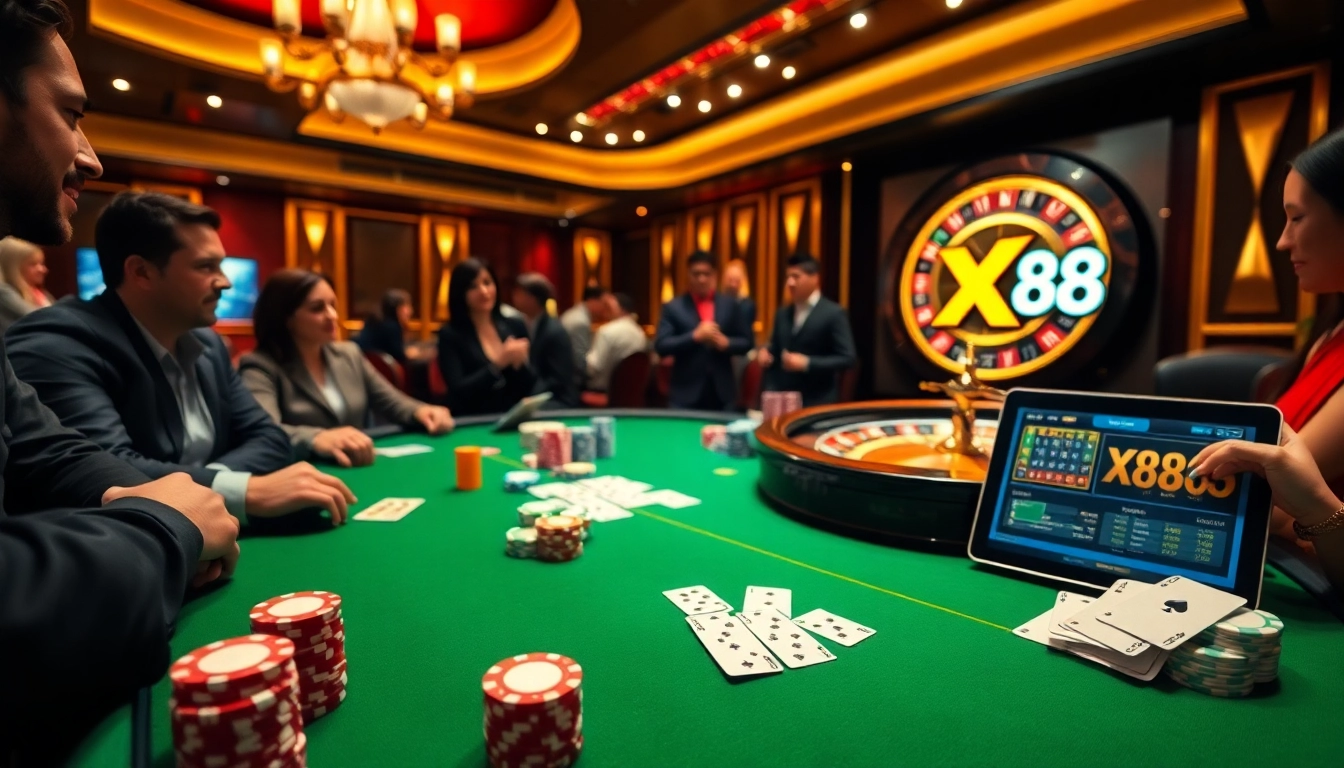 Players engaged in an exciting poker game at XX 88 casino, showcasing vibrant chips and cards.