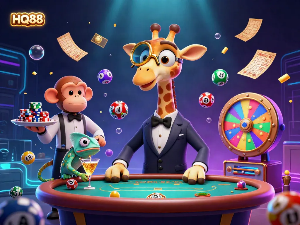 Experience thrilling gameplay at HQ88 with vibrant lottery elements and lively characters!