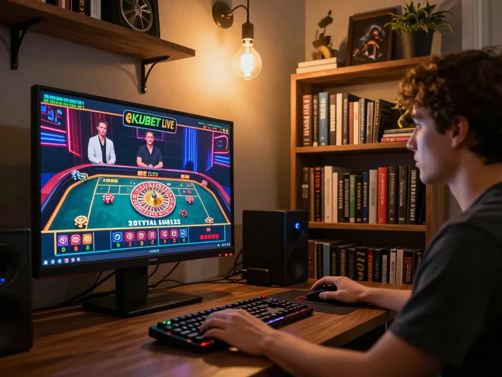 KUBET online gaming setup with vibrant roulette table and player ready to bet.