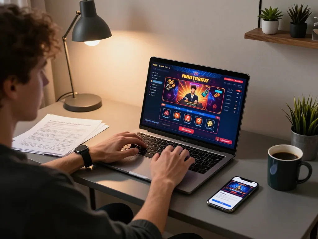 Engaging in online casino games at home, showcasing Bom88 uy tín for responsible gaming.