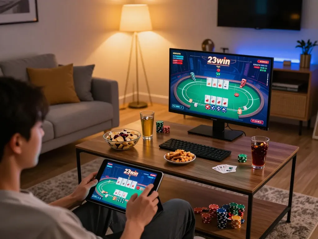 Engaging game moment on 23win with a player actively using a tablet in a cozy setting.