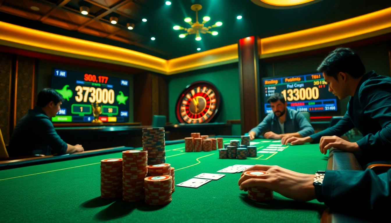Tỷ lệ nhà cái displayed on live betting odds with poker chips and roulette in a luxury casino setting.