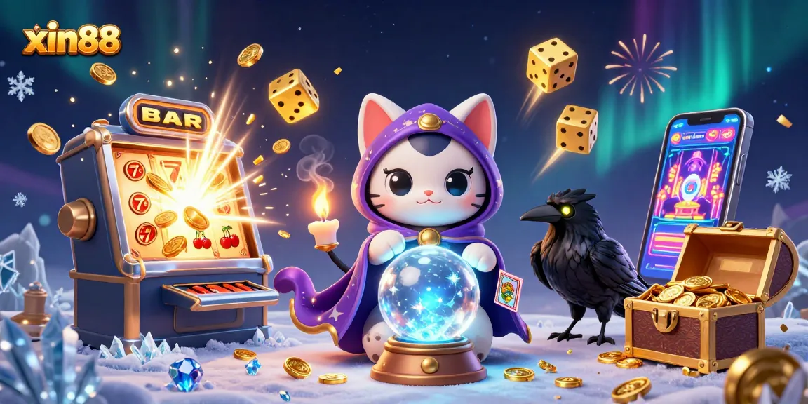 Win exciting prizes at xin88 with a 3D cartoon fortune teller and slot machine bursting with coins!