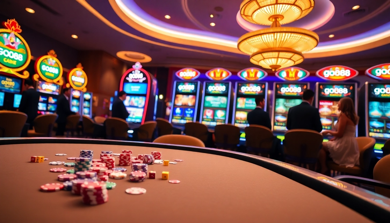 Engaging players at a go88 casino table with vibrant poker chips and slot machines.
