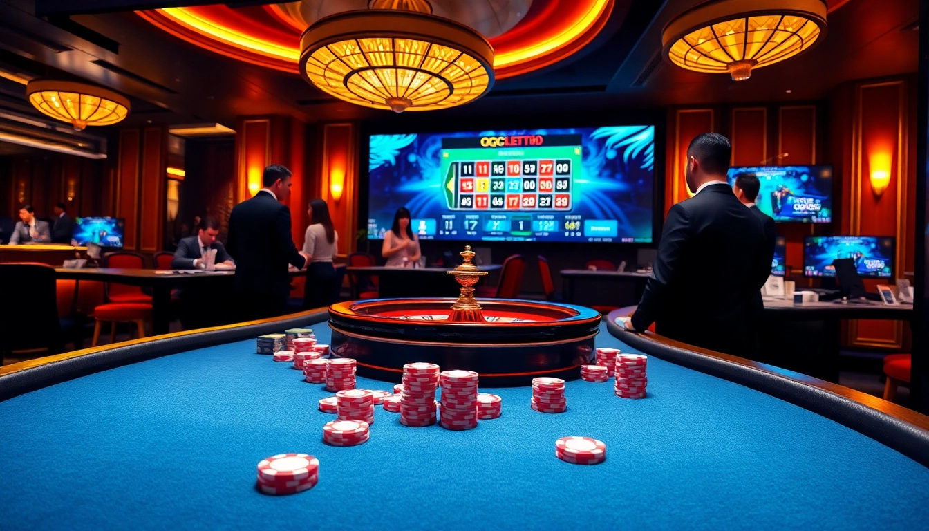Exciting poker action at QQ88 Casino with players, chips, and a roulette wheel.