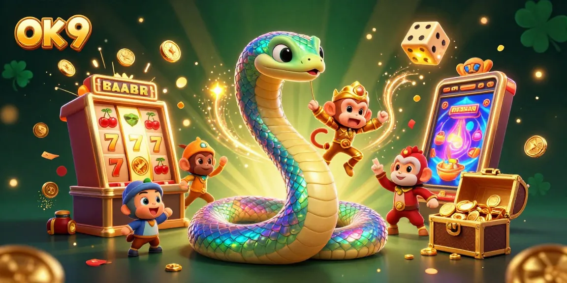 Experience the jackpot magic at OK 9 with the vibrant rainbow serpent and golden treasures.