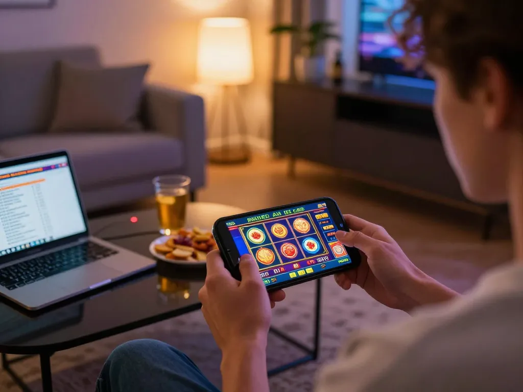 Player enjoying gi88 slot games on mobile, surrounded by a cozy home environment with drinks and snacks.