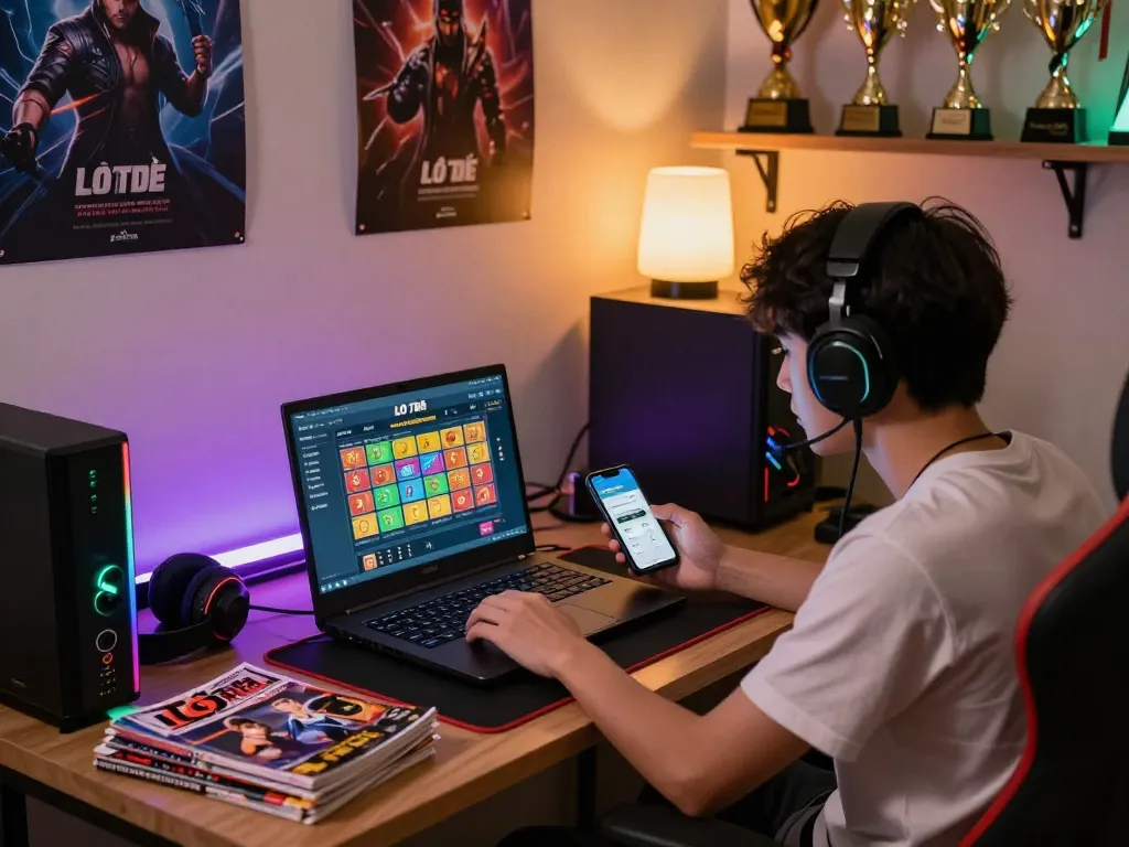 Engaged player enjoying Lô Đề online betting with interactive gaming setup.