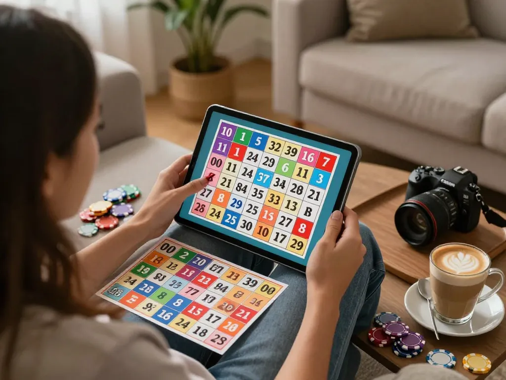 Engaging online gaming moment at 789win com with player marking bingo cards in a cozy home setting.
