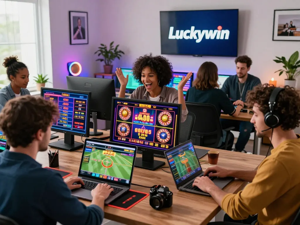 Luckywin players enjoying online slots and sports betting in a vibrant home office environment.