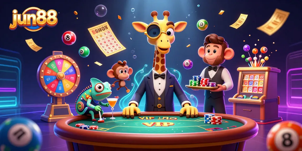 Experience exciting gambling vibes at jun88 with a high-roller giraffe and dynamic casino elements.