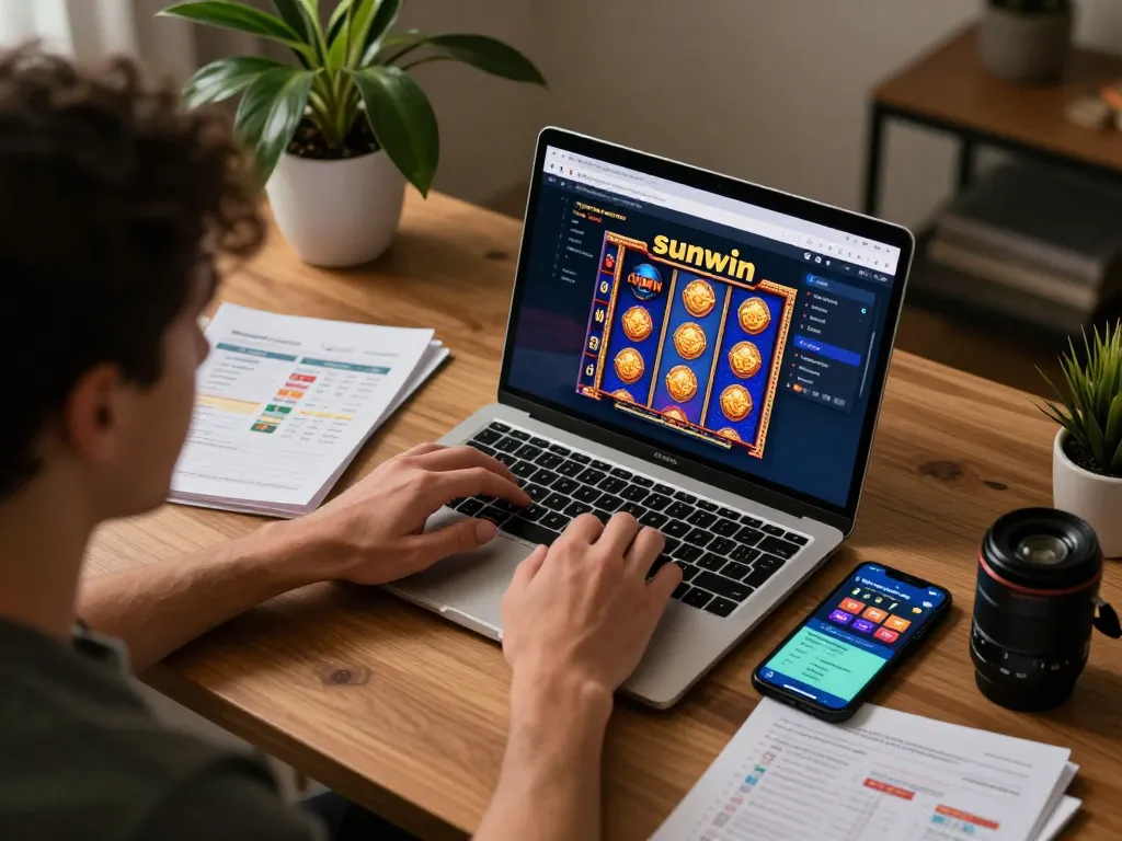Engaging player exploring sunwin online casino games at a cozy home setup, maximizing fun.