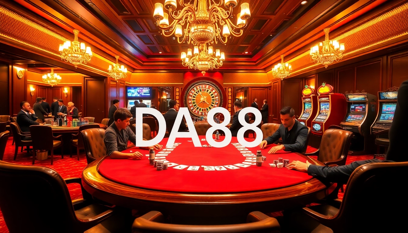 Players engaged in a high-stakes poker game at DA88, surrounded by chips, cards, and luxury decor.