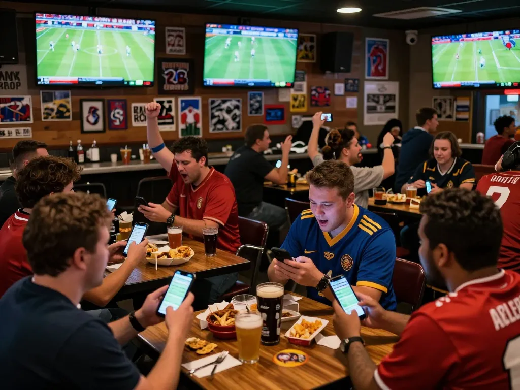 Engaging scene of football fans betting on บอล ออนไลน์ during a live match at a sports bar.