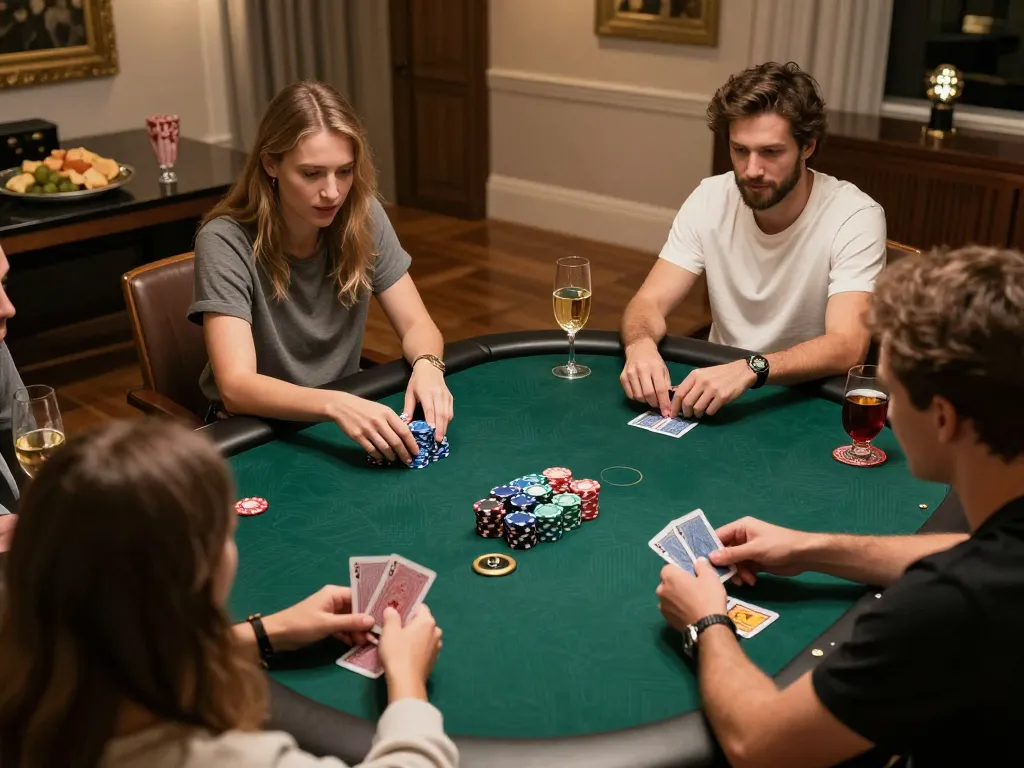 Play poker at home with 68win as friends enjoy a lively game night, chips stacked and excitement in the air.