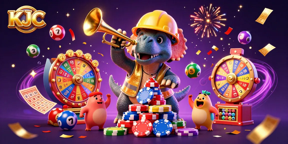 KJC brings thrilling casino action to life with a vibrant triceratops building poker chips amidst colorful slot reels and lucky symbols.