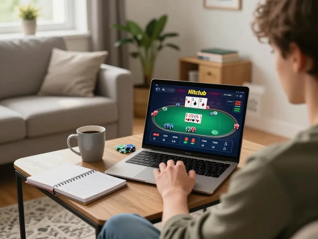 Engaging gameplay on Hitclub's online poker platform in a cozy home setting, highlighting strategy notes and gameplay excitement.