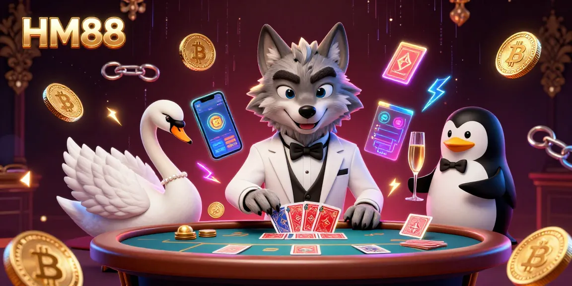 Experience the thrill of gambling at HM88 with vibrant characters and crypto elements.