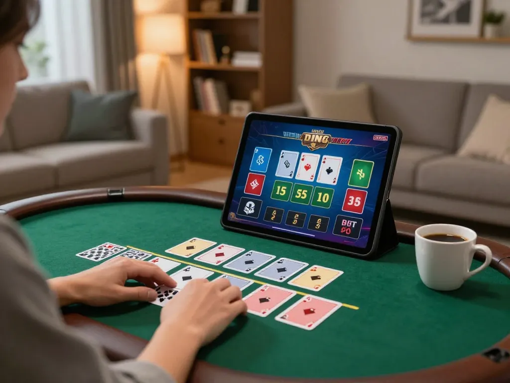 Player enjoying live blackjack at home with 68WIN tablet interface, creating a cozy gaming atmosphere.