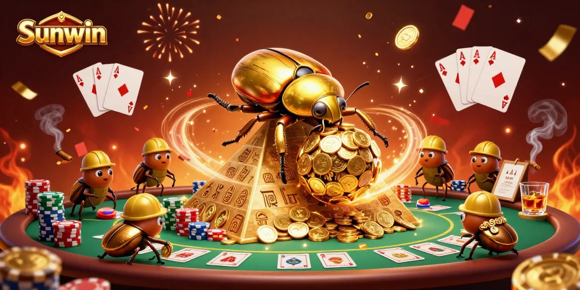 Experience the thrilling atmosphere of Sunwin with vibrant 3D casino action, featuring golden beetles and poker excitement.