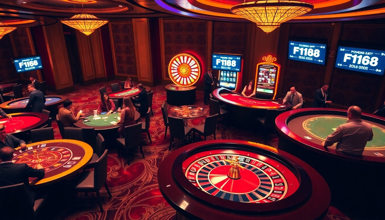 F168 casino players engaging in vibrant games at luxurious tables with exciting betting chances.
