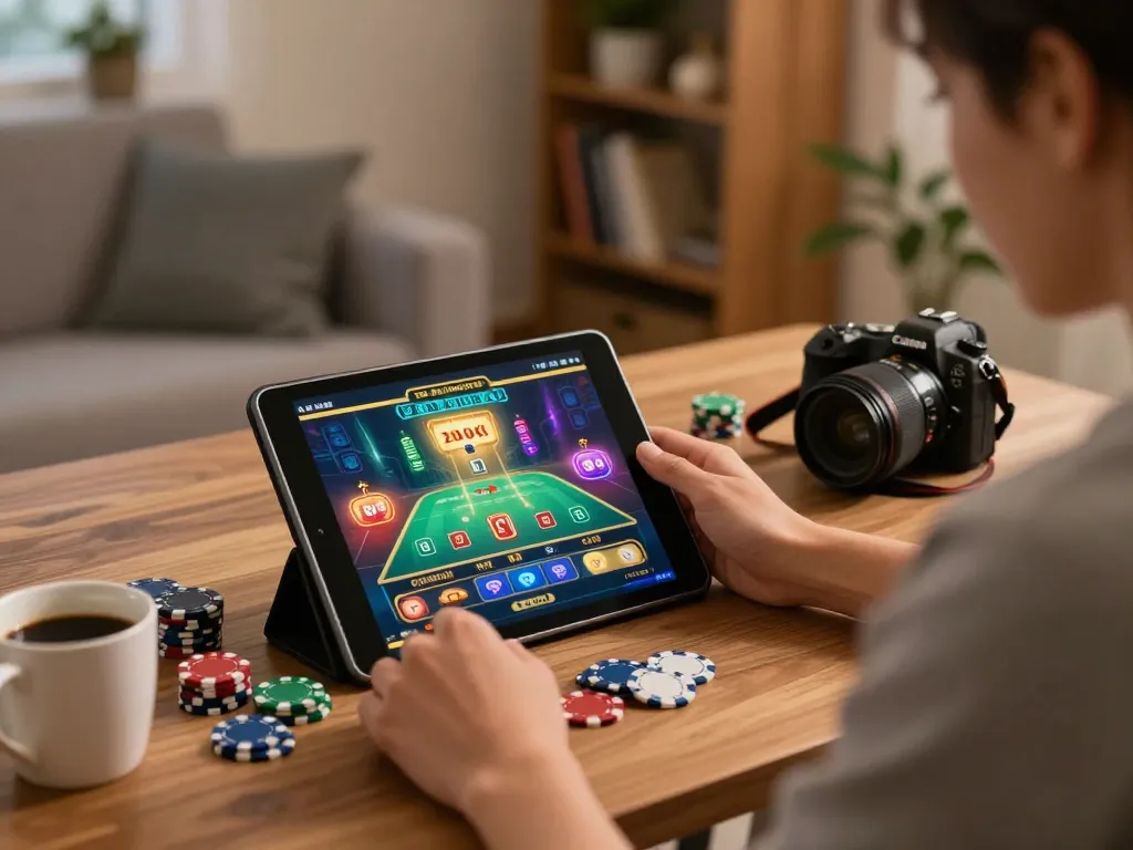 Person enjoying online gaming at 3Win.com on a cozy sofa while sipping coffee.