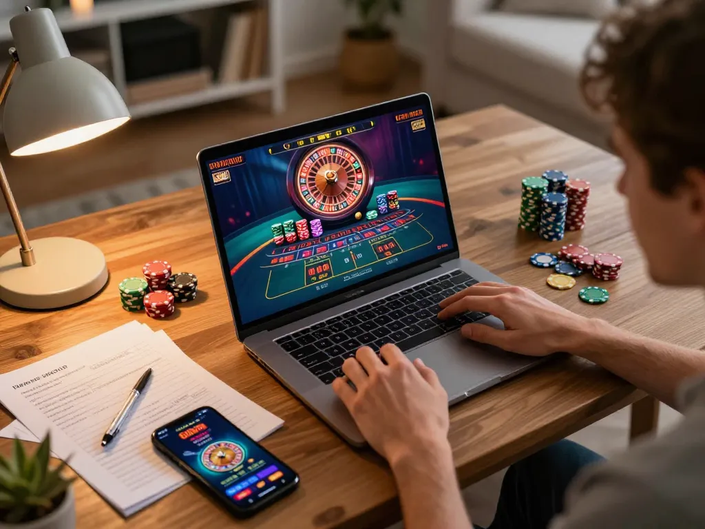 Engaging online gambling scene on https://rr88.wales/, showcasing live dealer roulette on a laptop.