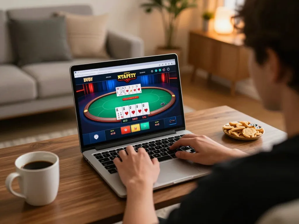 Engaging in an exciting online poker game at 789Win, showcasing the blend of strategy and comfort.