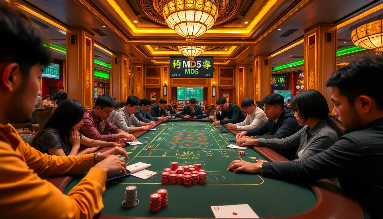 Players experiencing the excitement of Tài xỉu MD5 at a vibrant casino table with colorful chips.