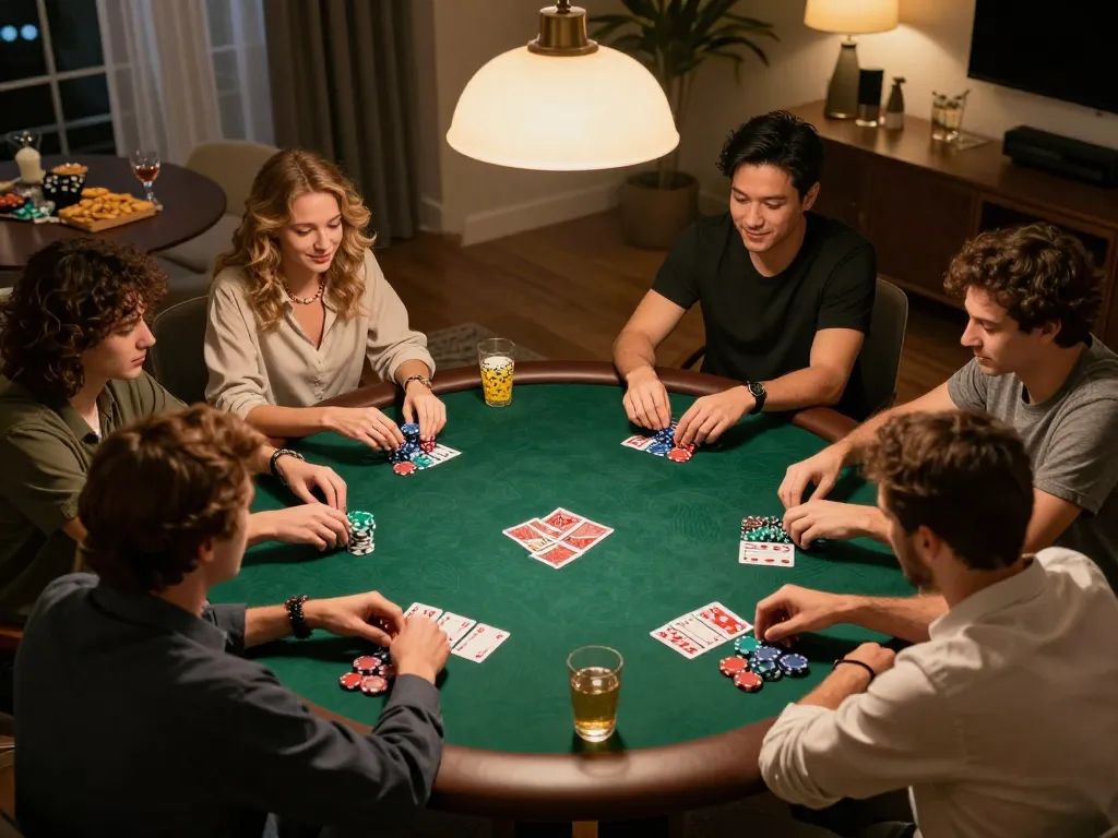 Friends enjoy a friendly poker game at home, showcasing ta88-themed strategies and chips.