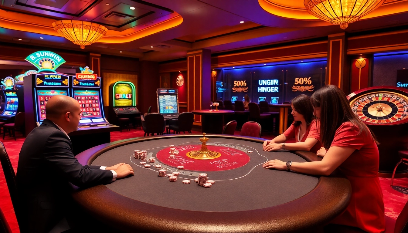 Sunwin casino players enjoy a thrilling poker game surrounded by vibrant slot machines and roulette activity.