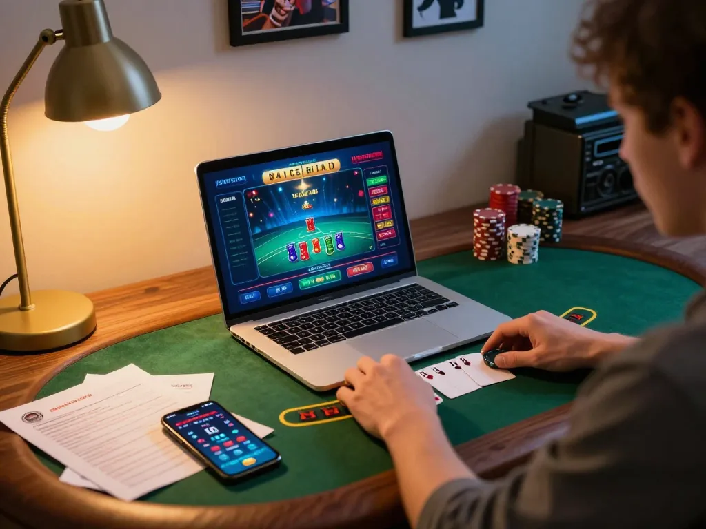 Engaging with nhà cái 79king through a strategic online blackjack game on a laptop.